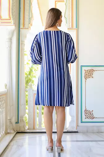Women'S Stripe Printed A-Line Dress (Blue)