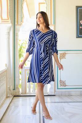 Women'S Stripe Printed A-Line Dress (Blue) 3