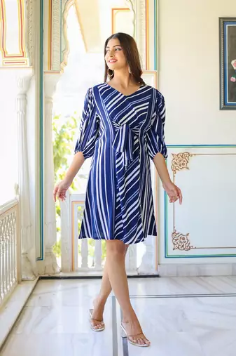 Women'S Stripe Printed A-Line Dress (Blue)