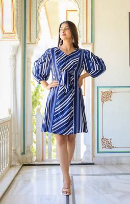 Women'S Stripe Printed A-Line Dress (Blue) 4