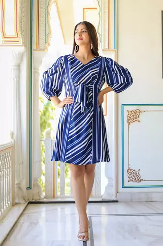 Women'S Stripe Printed A-Line Dress (Blue)