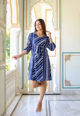 Women'S Stripe Printed A-Line Dress (Blue) 5