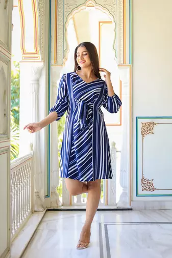 Women'S Stripe Printed A-Line Dress (Blue)