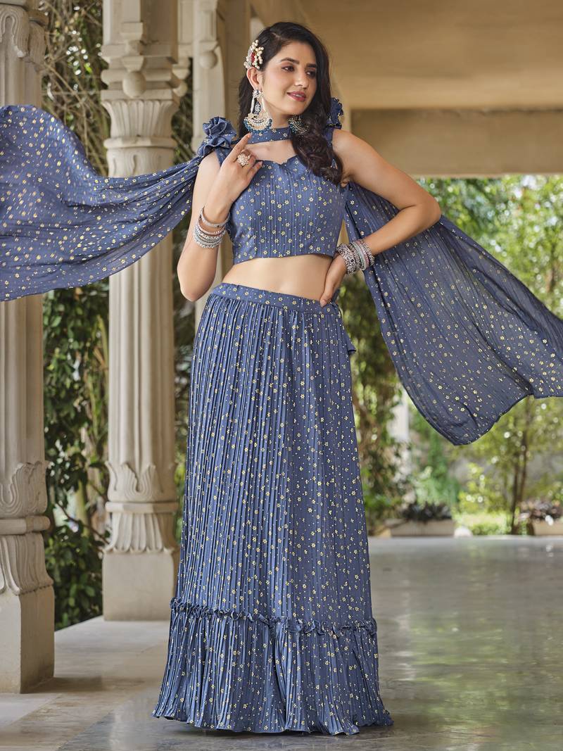 Livid Colored Metalic Foil Worked Stitched Georgette Party Wear Lehenga Choli