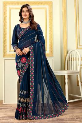 Patlani Style Beautiful Georgette Floral Embroidery Saree With Unstitched Blouse 1