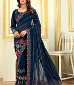 Patlani Style Beautiful Georgette Floral Embroidery Saree With Unstitched Blouse