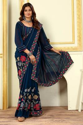 Patlani Style Beautiful Georgette Floral Embroidery Saree With Unstitched Blouse 2