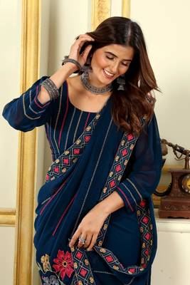 Patlani Style Beautiful Georgette Floral Embroidery Saree With Unstitched Blouse 3