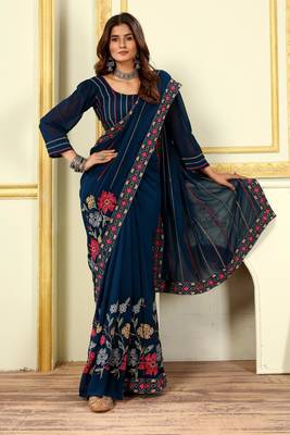 Patlani Style Beautiful Georgette Floral Embroidery Saree With Unstitched Blouse 5