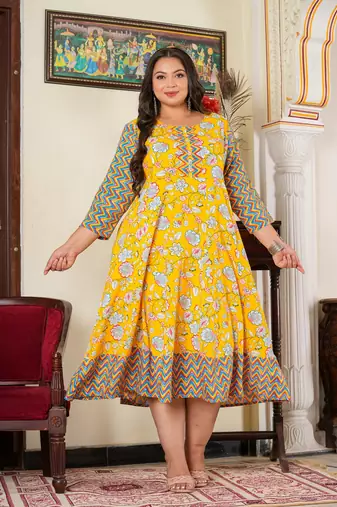 Yash gallery women's plus size maternity wear floral printed anarkali dress (yellow)