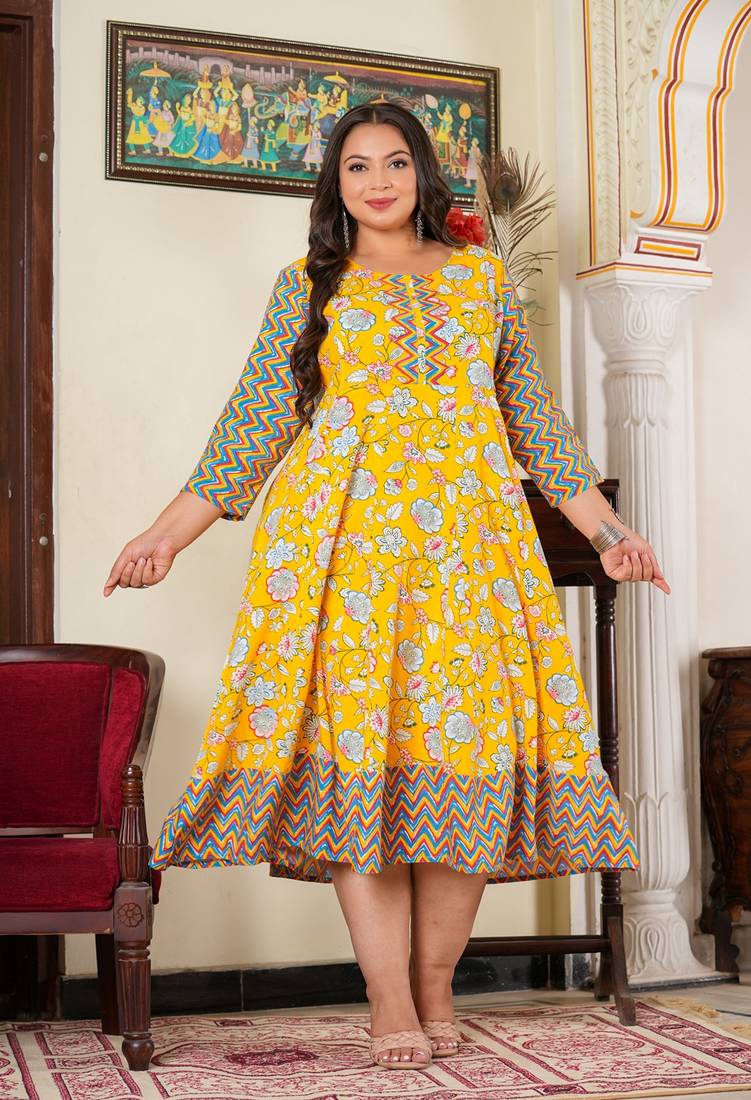 Yash gallery women's plus size maternity wear floral printed anarkali dress (yellow)