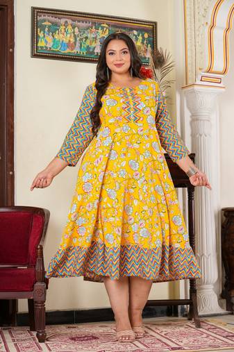 Women'S Maternity Wear Floral Printed Anarkali Dress (Yellow)