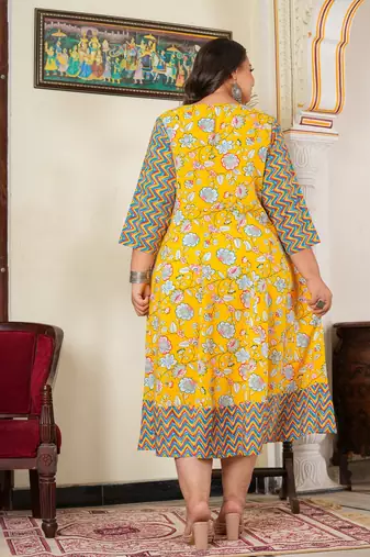 Women'S Maternity Wear Floral Printed Anarkali Dress (Yellow)
