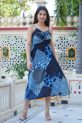 Women'S Indigo Patch Printed Dress (Indigo)