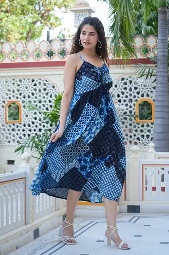 Women'S Indigo Patch Printed Dress (Indigo)