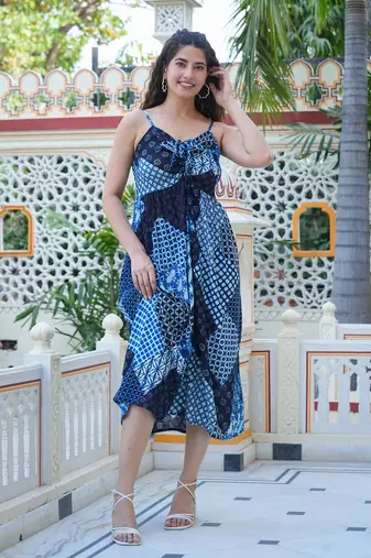 Women'S Indigo Patch Printed Dress (Indigo)