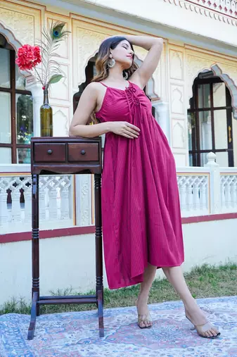 Women'S Maroon Stripe Printed Dress (Maroon)