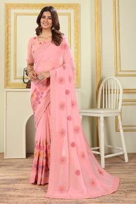 Patlani Style Beautiful Georgette Floral Embroidery Saree With Unstitched Blouse 1
