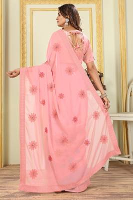 Patlani Style Beautiful Georgette Floral Embroidery Saree With Unstitched Blouse 3