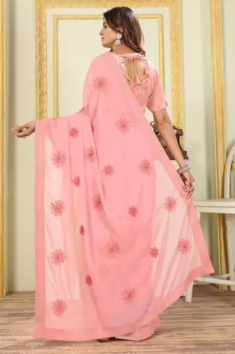 Patlani Style Beautiful Georgette Floral Embroidery Saree With Unstitched Blouse