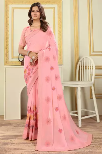 Patlani Style Beautiful Georgette Floral Embroidery Saree With Unstitched Blouse