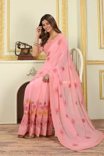 Patlani Style Beautiful Georgette Floral Embroidery Saree With Unstitched Blouse