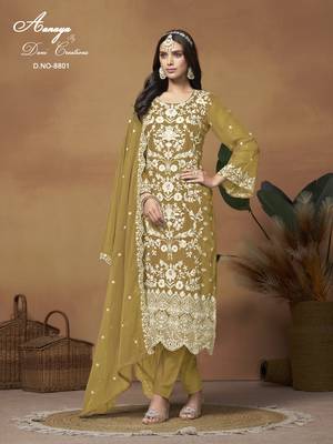 Mustard embroidered organza salwar suit with dupatta 1