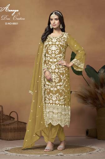 Mustard color soft organza  salwar suits with soft organza  dupatta