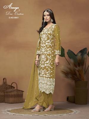 Mustard embroidered organza salwar suit with dupatta 2