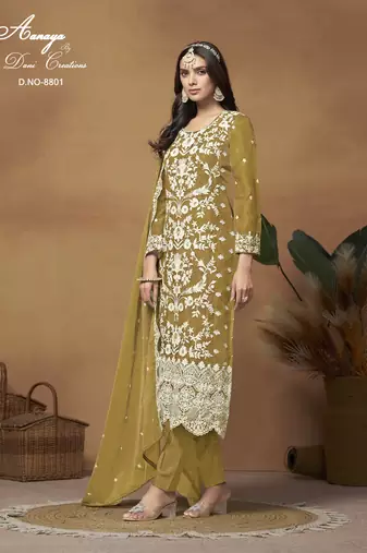 Mustard embroidered organza salwar suit with dupatta