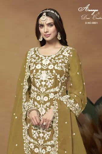 Mustard embroidered organza salwar suit with dupatta