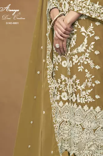 Mustard embroidered organza salwar suit with dupatta
