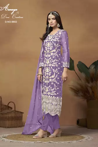 Purple embroidered organza salwar suit with dupatta