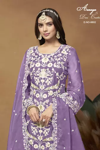 Purple embroidered organza salwar suit with dupatta