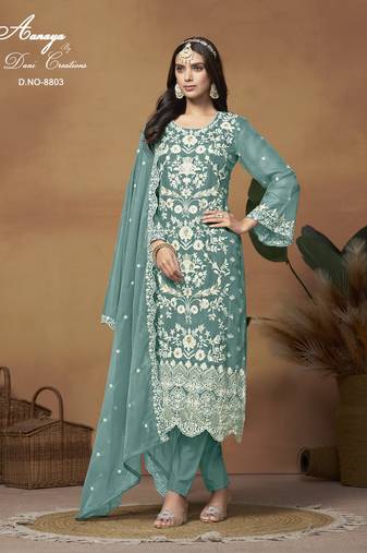 Sea green color soft organza  salwar suits with soft organza  dupatta