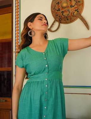 Women'S Green Stripe Printed Dress (Green) 5