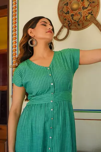 Women'S Green Stripe Printed Dress (Green)