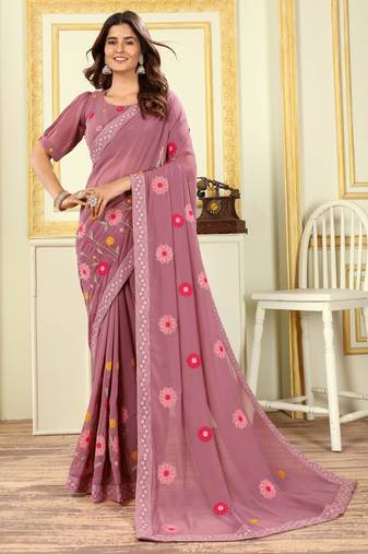 Patlani Style Stylist Georgette Floral Embroidery Saree With Unstitched Blouse