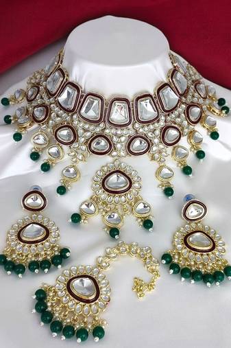 Maroon green heavy premium bridal designer jewellery set