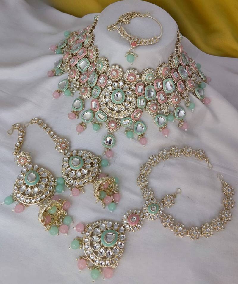 Mint green, baby pink heavy premium bridal designer jewellery set