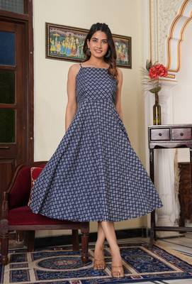 Women'S Floral Printed Smoking Embroidery Dress (Blue) 1