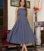 Women'S Floral Printed Smoking Embroidery Dress (Blue)