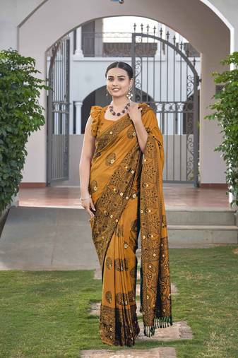 Faux Banarasi Woven Mustard Saree With Heavy Jacquard Work Saree With Blouse Piece