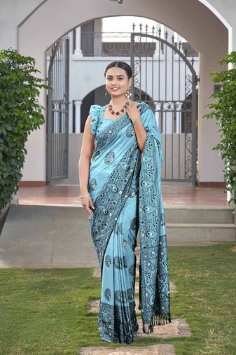 Faux Banarasi Woven Light Blue Saree With Heavy Jacquard Work Saree With Blouse Piece