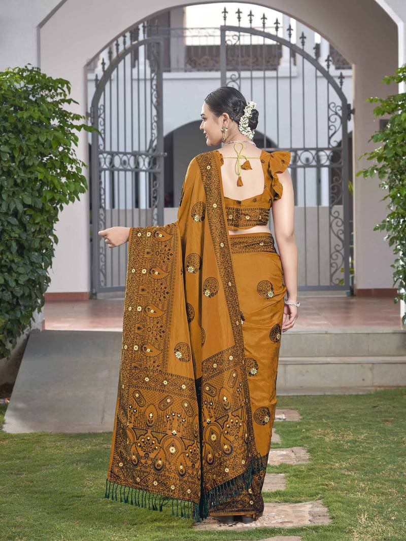 Faux Banarasi Woven Mustard Saree With Heavy Jacquard Work Saree With Blouse Piece