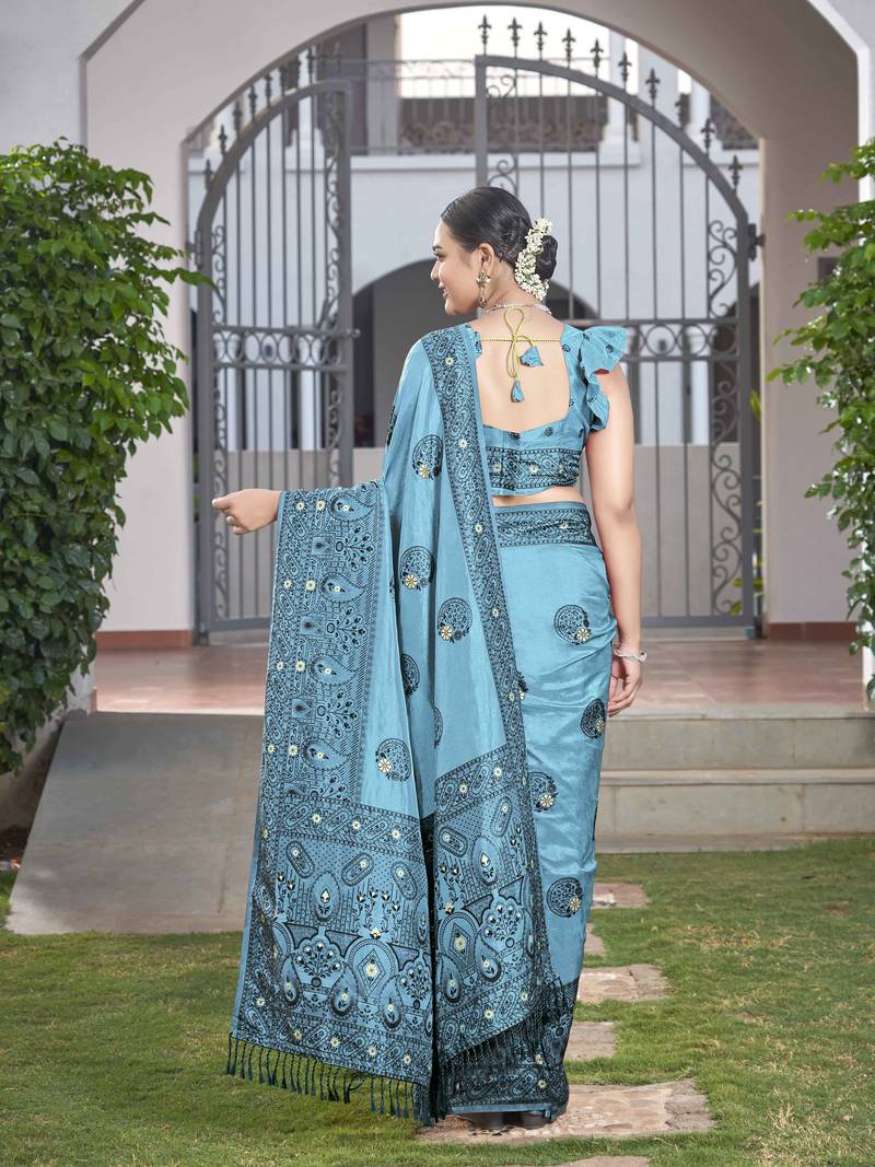 Faux Banarasi Woven Light Blue Saree With Heavy Jacquard Work Saree With Blouse Piece