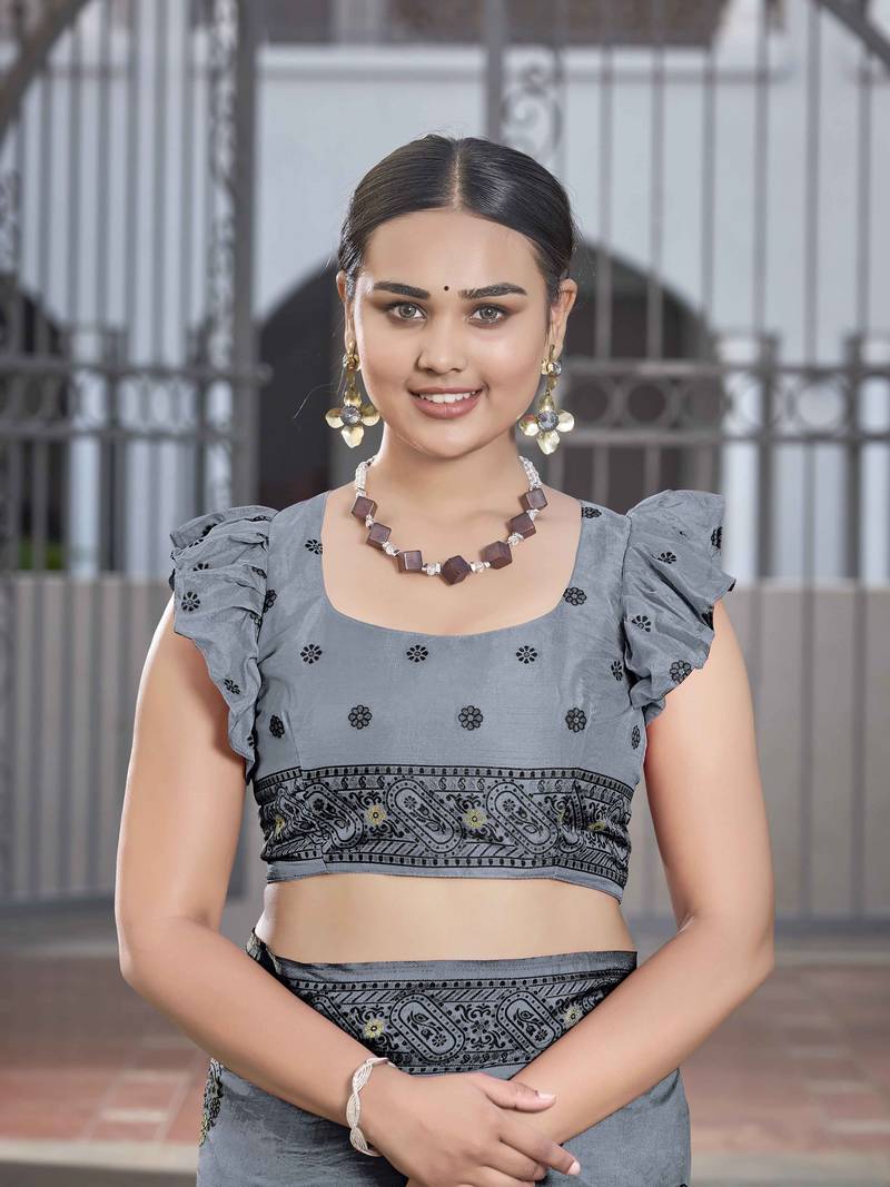 Faux Banarasi Woven Grey Saree With Heavy Jacquard Work Saree With Blouse Piece