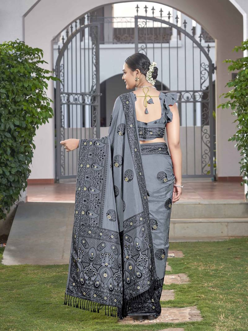 Faux Banarasi Woven Grey Saree With Heavy Jacquard Work Saree With Blouse Piece