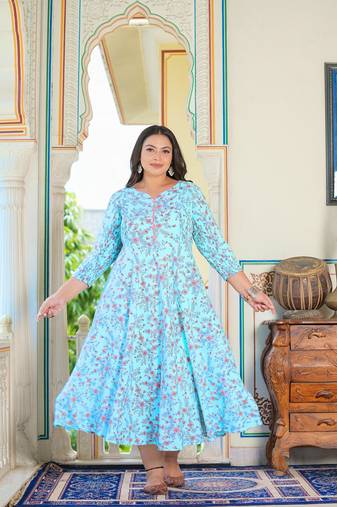 Women'S Stretchable Maternity Wear Plus Size Floral Printed Anarkali Dress (Sky Blue)