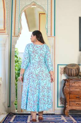 Women'S Stretchable Maternity Wear Plus Size Floral Printed Anarkali Dress (Sky Blue) 2